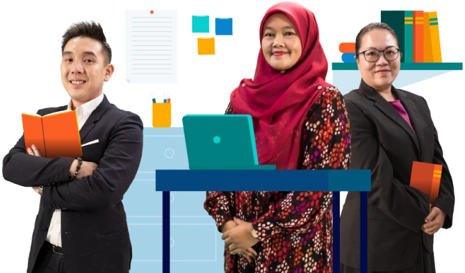Three EduKaji teachers standing at a desk with a laptop and exam papers